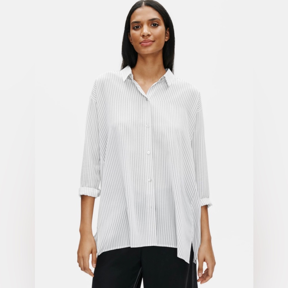 Eileen Fisher Silk Crepe de Chine Striped Swing Shirt 1X NWOT